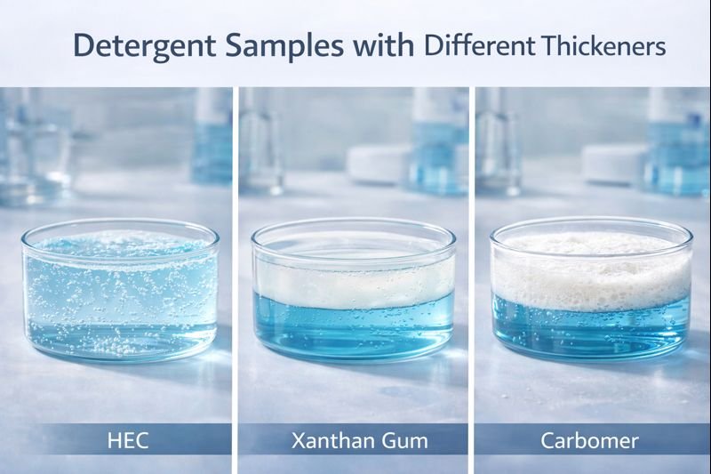 Detergent samples showing clarity and consistency differences Visual comparison of detergent samples with different thickeners
