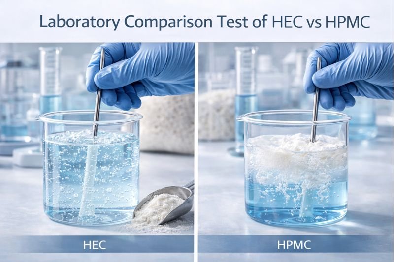 Laboratory testing showing hydration speed differences between HEC and HPMC Laboratory comparison test of HEC vs HPMC