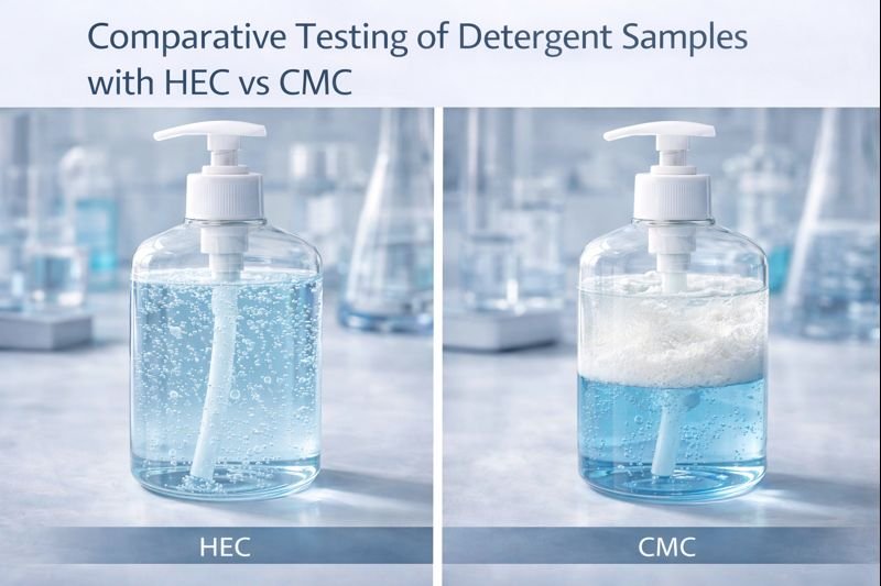 Testing samples showing stability differences between HEC and CMC Comparative testing of detergent samples with HEC vs CMC