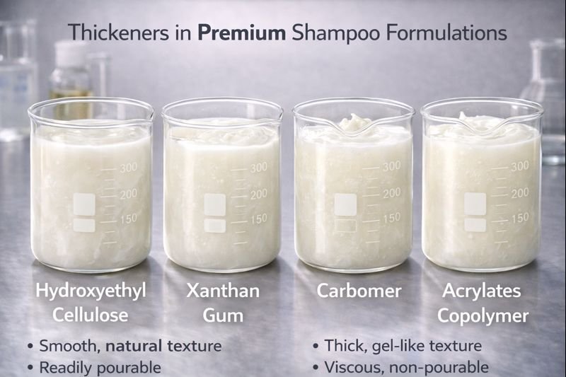 Common thickeners used in premium shampoo formulations Different thickeners used in commercial shampoo products