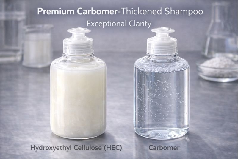 Premium carbomer-thickened shampoo showing exceptional clarity Carbomer-thickened shampoo showing clarity difference