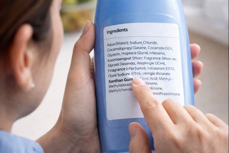 Consumer checking product label for xanthan gum