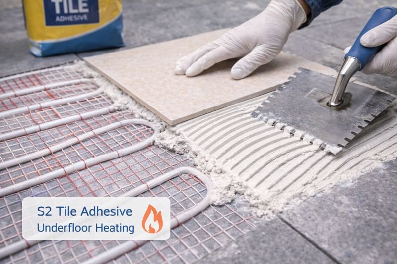 S2 adhesive application on underfloor heating Tile installation over underfloor heating