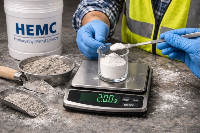 Construction worker measuring HEMC with precision scales
