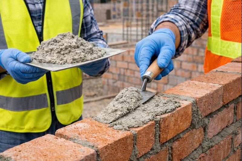 Construction workers applying seasonal mortar formulation