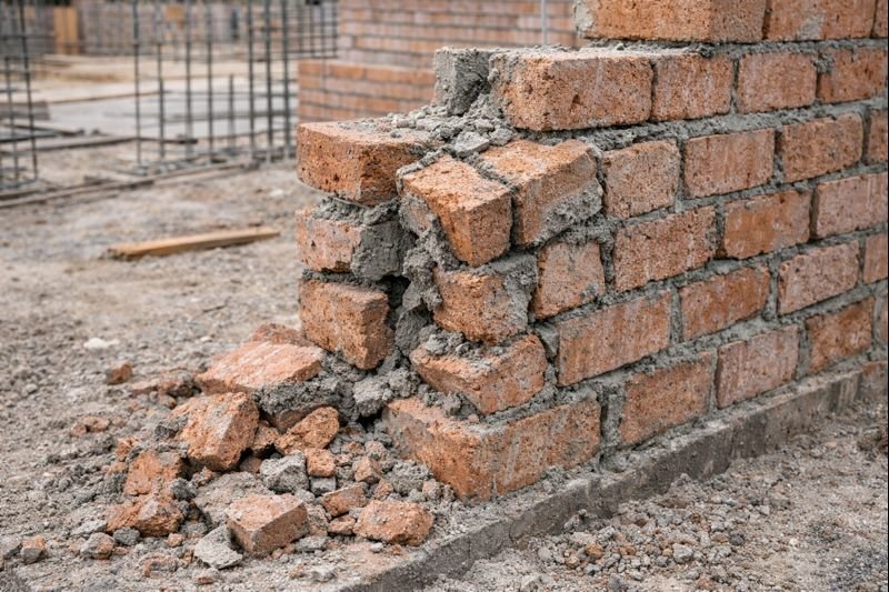 Failed masonry structure from pre-mixed mortar use