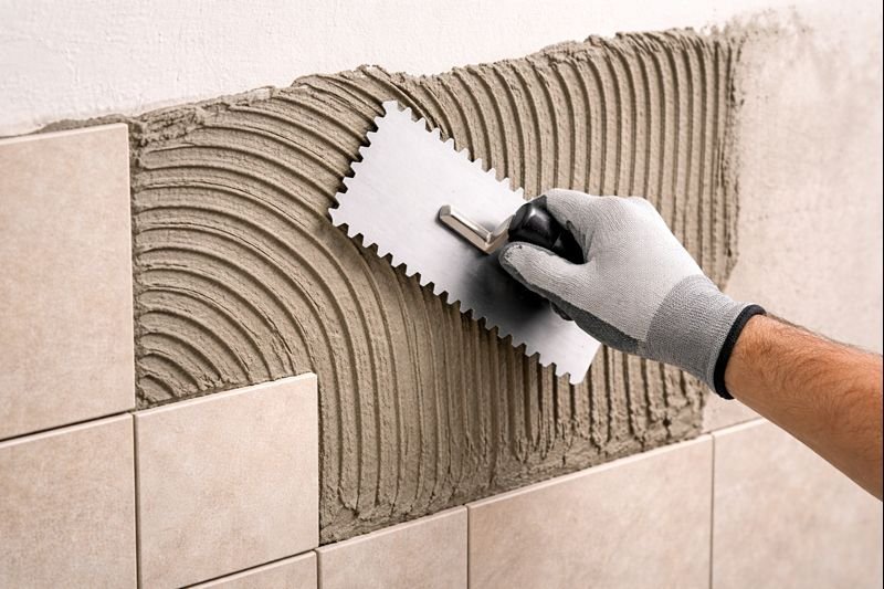 tile adhesive being applied to a wall