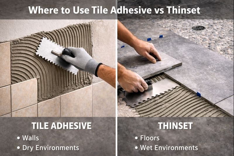 comparison of tile adhesive and thinset applications