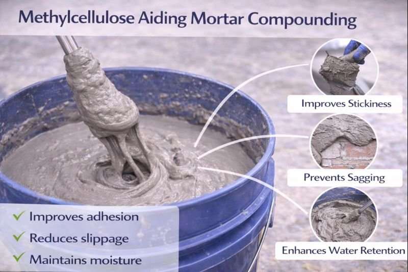 Methylcellulose's role in mortar compounding Methylcellulose aiding mortar compounding