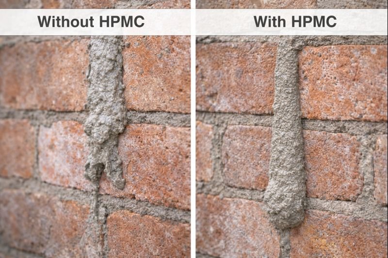 HPMC preventing mortar sag on vertical application Comparison of mortar with and without HPMC