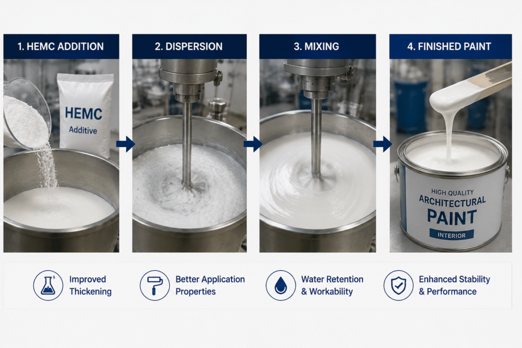 Paint manufacturing process with HEMC additives