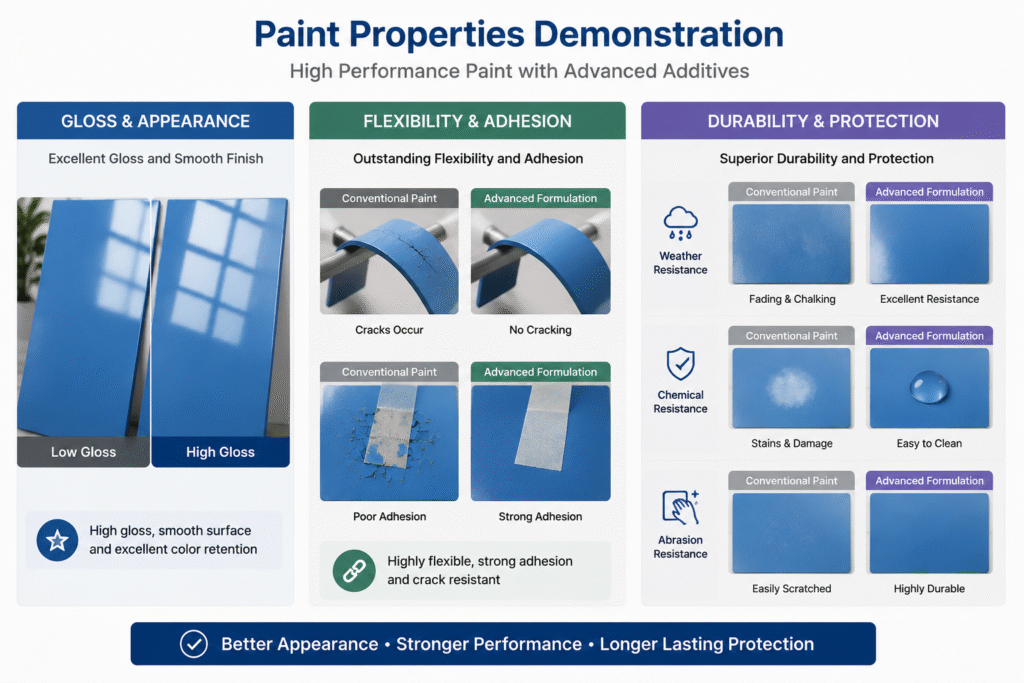Paint properties demonstration showing gloss, flexibility and durability