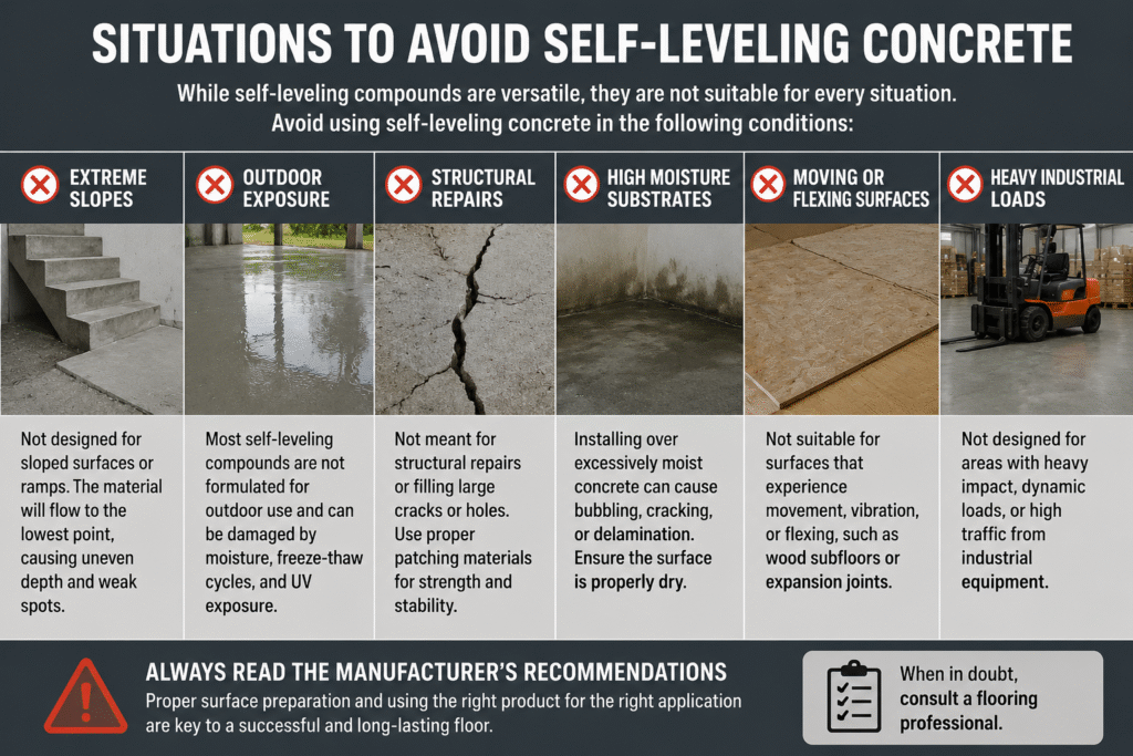 When not to use self-leveling compounds Situations to avoid self-leveling concrete