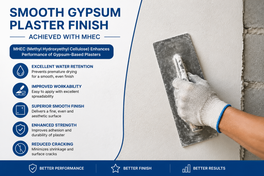 Smooth gypsum plaster finish achieved with MHEC