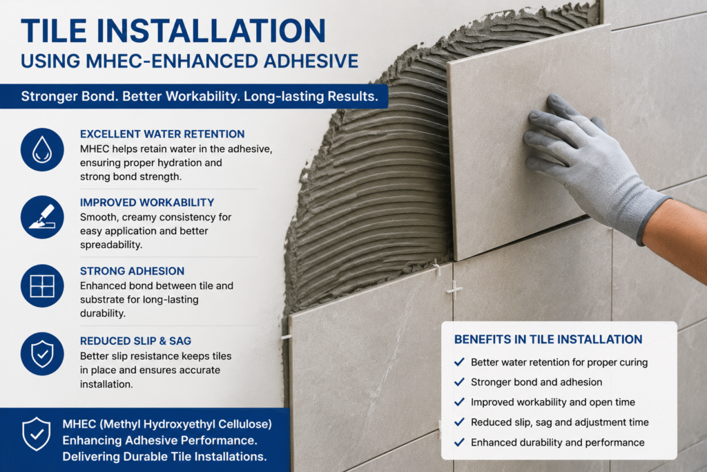 Tile installation using MHEC-enhanced adhesive