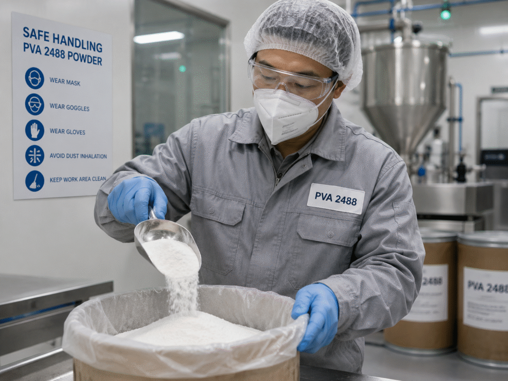 A worker in a clean factory environment wearing a dust mask and safety glasses while handling a white powder.