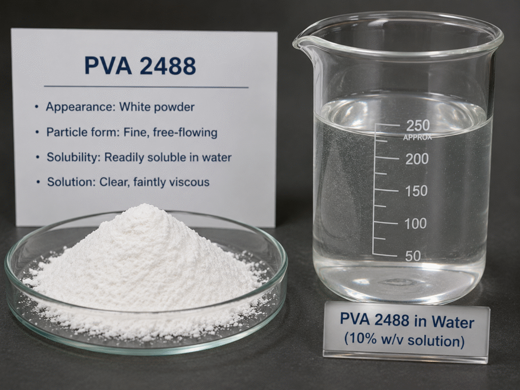 A close-up shot of white PVA 2488 powder next to a beaker of water, showing its form and solubility.