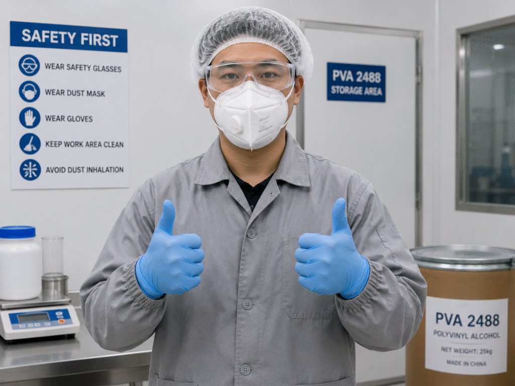 A person correctly wearing safety glasses, a dust mask, and gloves.