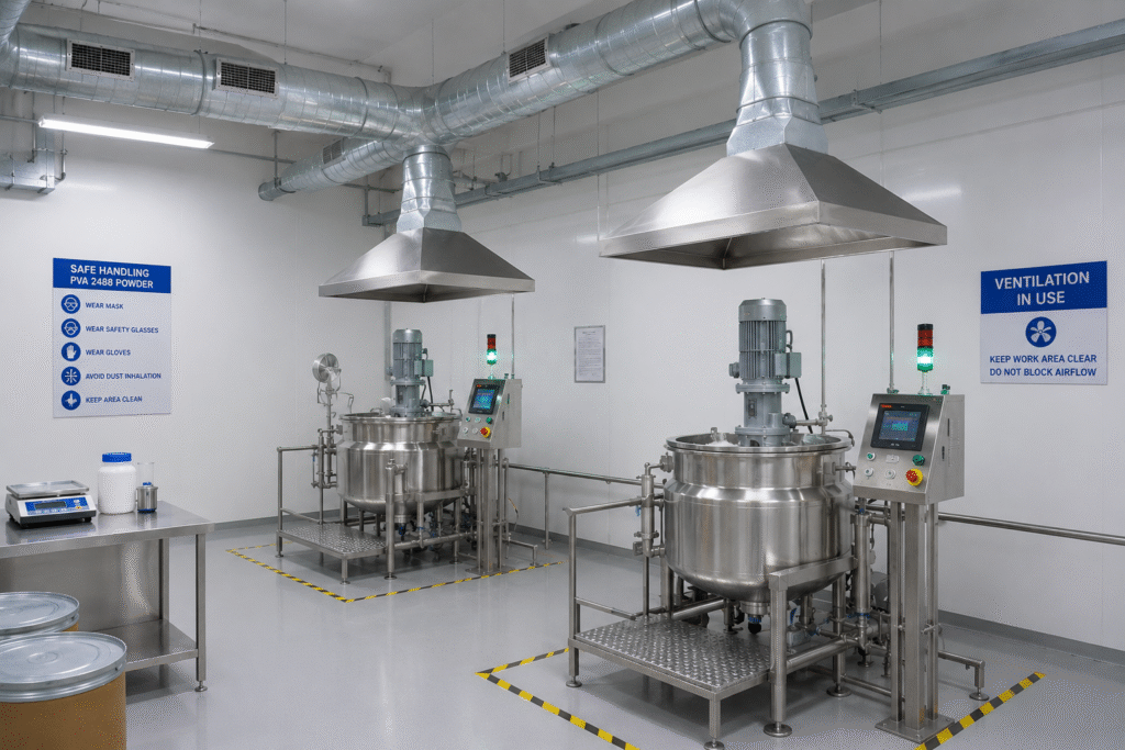 A clean industrial workspace with visible ventilation ducts above a mixing station.