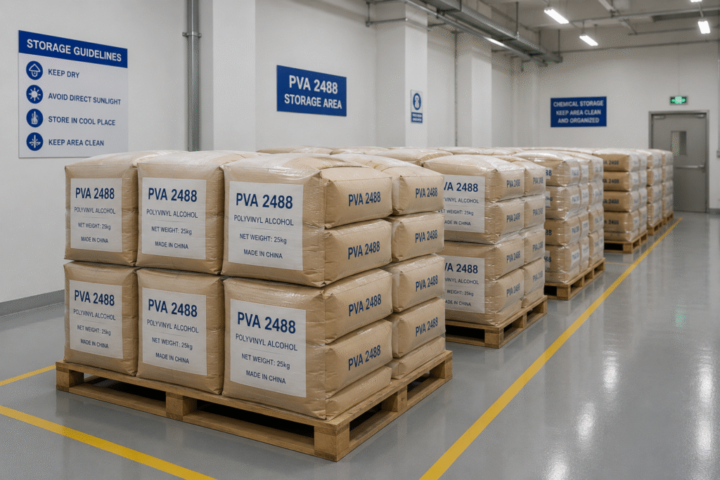 Neatly stacked bags of chemical powder in a clean, dry, and organized warehouse.