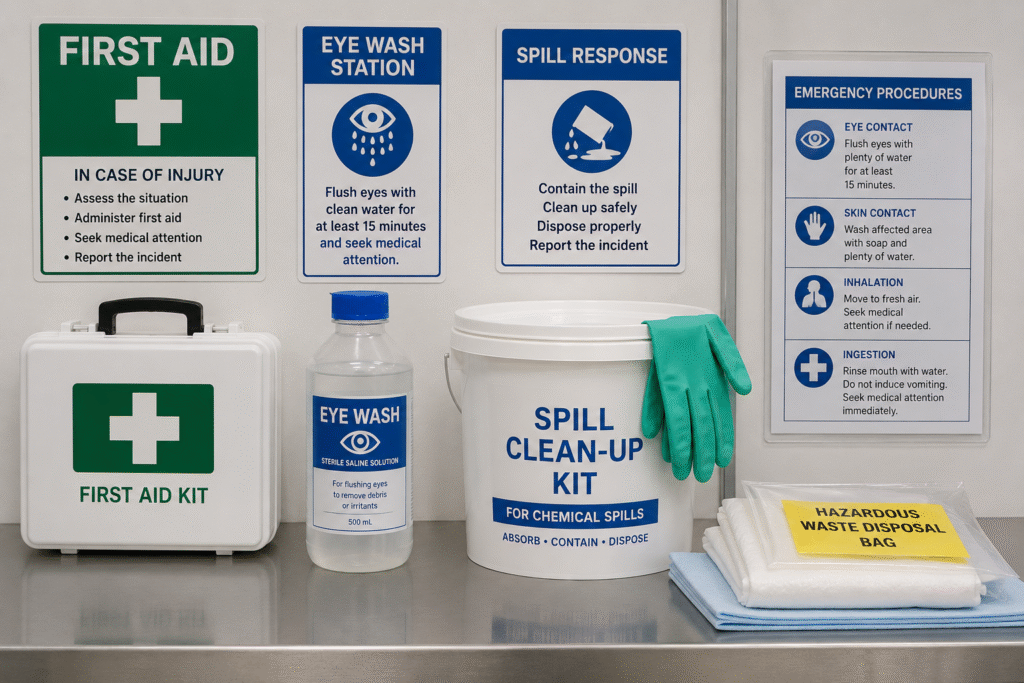A first aid station with an eye wash bottle and a spill clean-up kit.