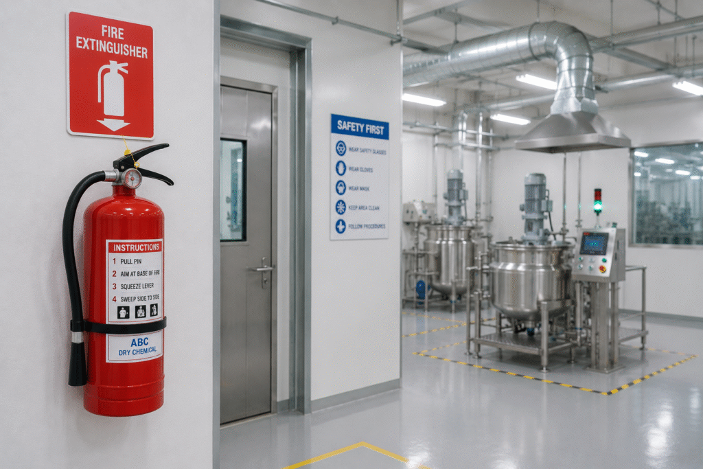 A fire extinguisher mounted on a wall in a clean factory.
