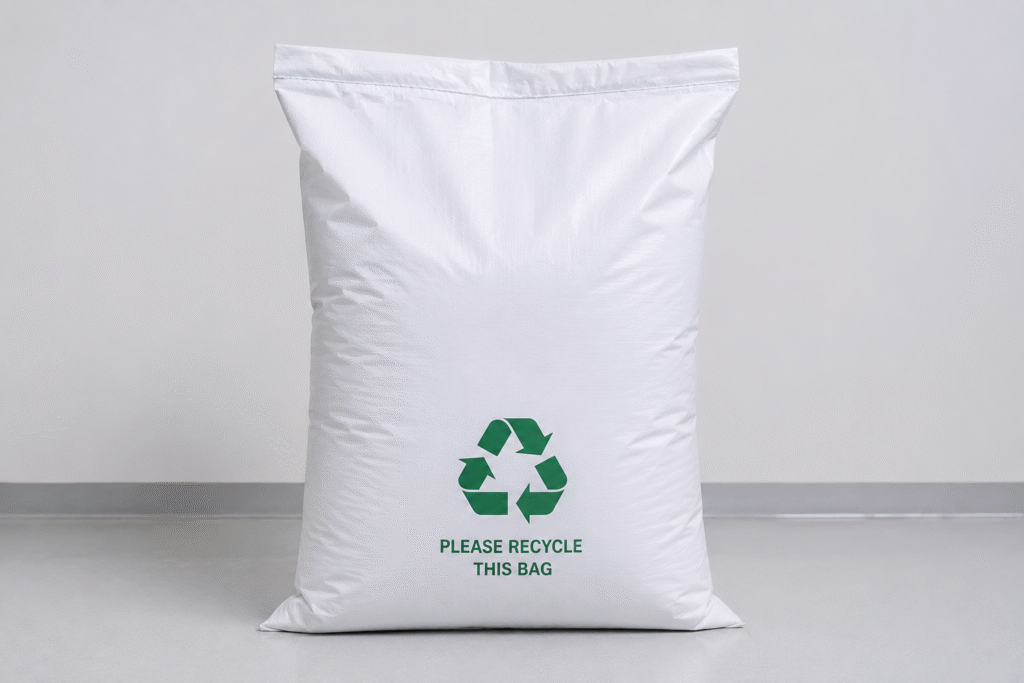 A symbol for recycling on a clean, empty chemical bag.