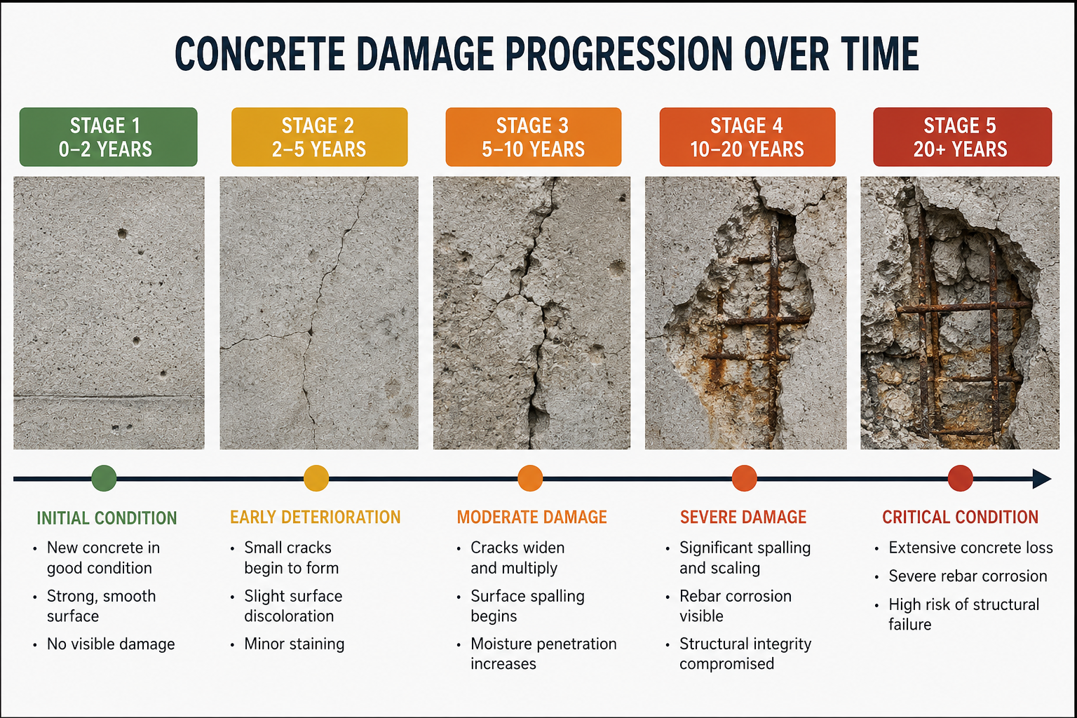 Timeline chart showing concrete damage progression Timeline chart showing concrete damage progression