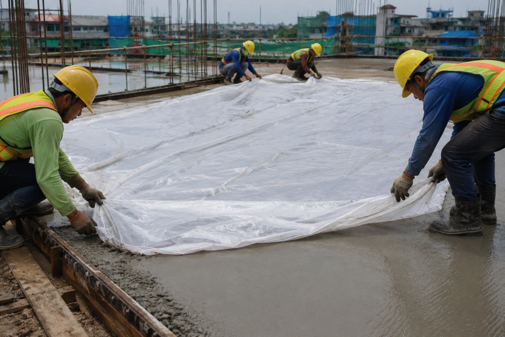 Workers applying emergency covers to fresh concrete Workers applying emergency covers to fresh concrete