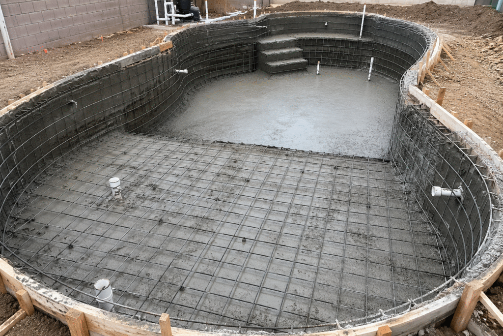 Curing Concrete for a Swimming Pool Concrete pool under construction with rebar visible