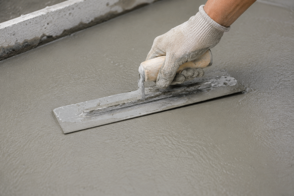 Special Curing for Pool Concrete Close-up of a trowel smoothing fresh concrete