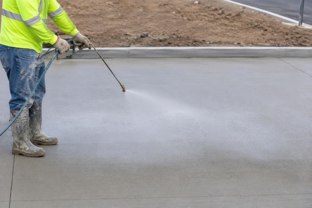 Common Concrete Curing Methods Worker spraying a curing compound on new concrete