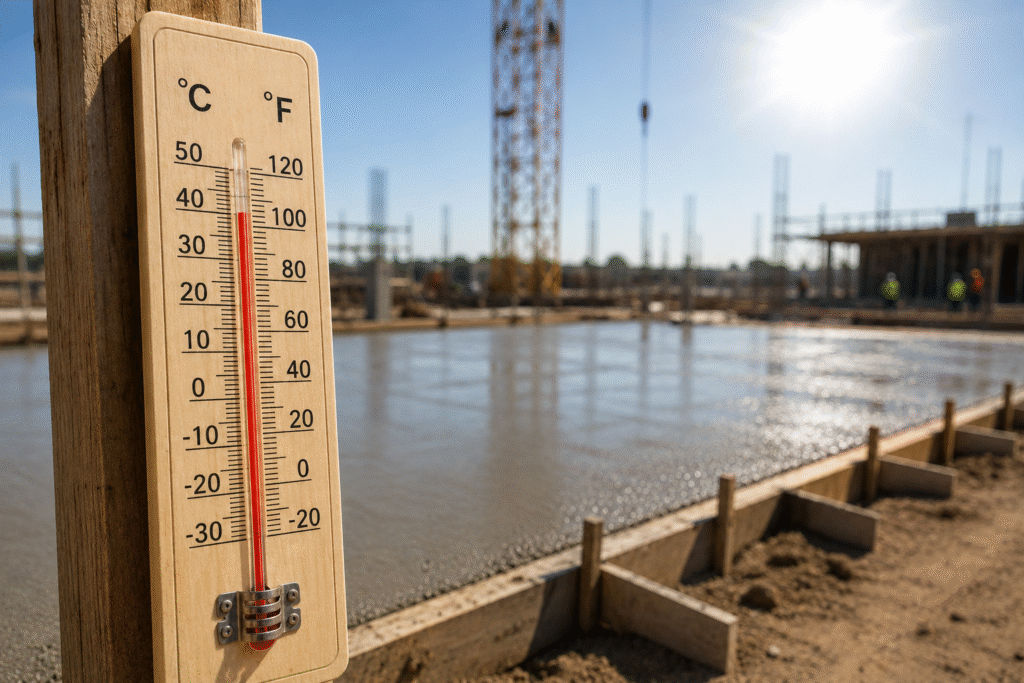 Factors Affecting Concrete Curing Thermometer showing a high temperature on a construction site