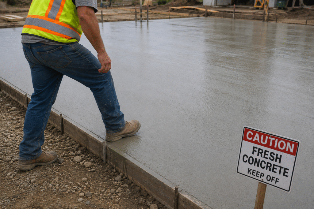 When to Walk on Fresh Concrete A worker carefully stepping onto a new concrete slab