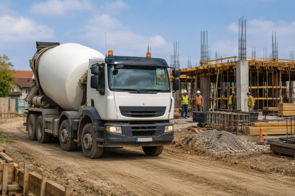 90 Minute Rule for Concrete Delivery A concrete mixer truck arriving at a construction site