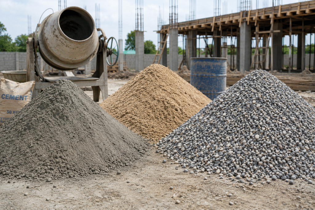 The 1-2-3 Rule of Concrete Mix Piles of cement, sand, and gravel for mixing