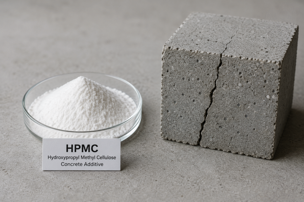 HPMC additive for concrete crack reduction HPMC powder in a lab dish next to a concrete sample