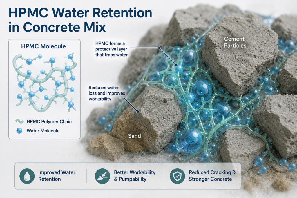 HPMC water retention mechanism in cement Illustration showing HPMC molecules trapping water in a concrete mix