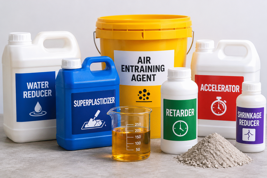 Additives that prevent concrete cracking Different construction chemical additives in containers