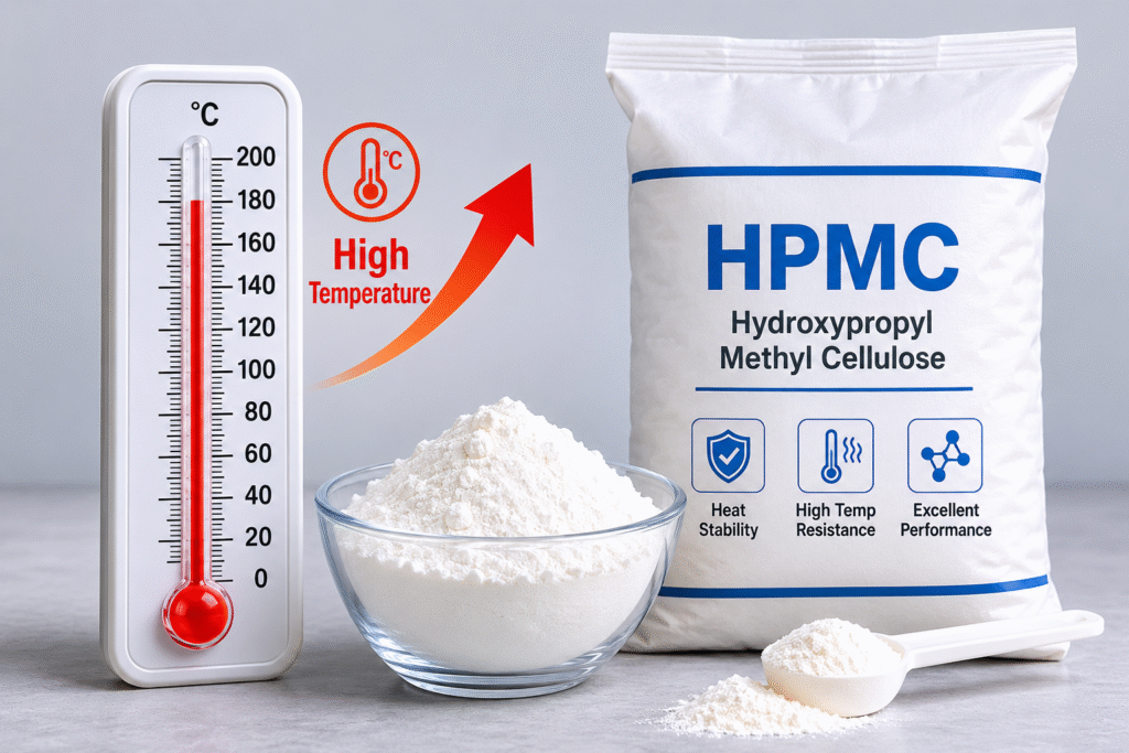 HPMC thermal decomposition temperature stability A thermometer showing high temperature next to a bag of HPMC powder