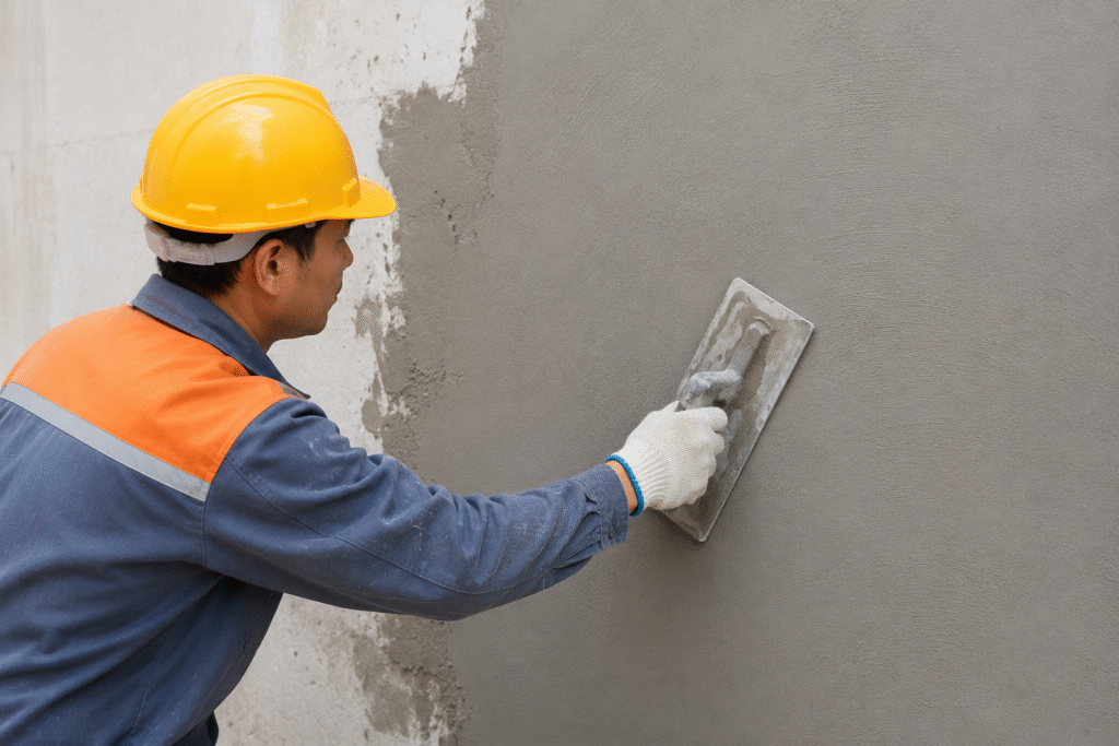Use of HPMC in cement for improved workability A construction worker smoothly applying plaster to a wall