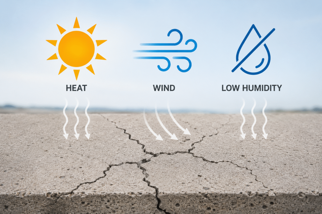 Factors causing concrete cracking: heat, wind, low humidity Sun and wind icons over a cracking concrete surface