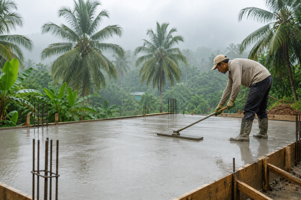 Fastest Concrete Curing Methods A freshly poured concrete slab being smoothed in a humid, tropical environment
