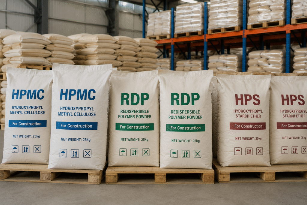 Optimizing Concrete Mix with Additives Bags of chemical additives for concrete, like HPMC and RDP, in a warehouse