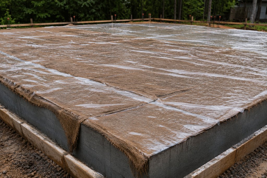 Locking in Moisture for Concrete Curing Concrete slab covered with wet burlap and plastic sheeting for curing