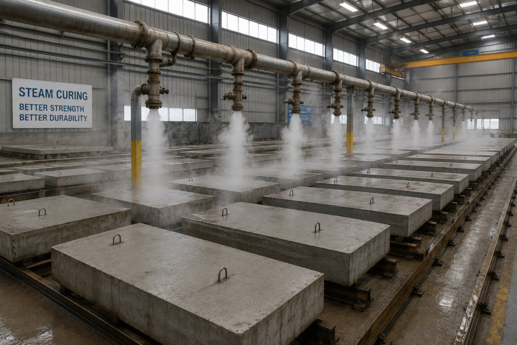 Controlling the Environment for Concrete Curing A precast concrete facility with steam pipes for curing
