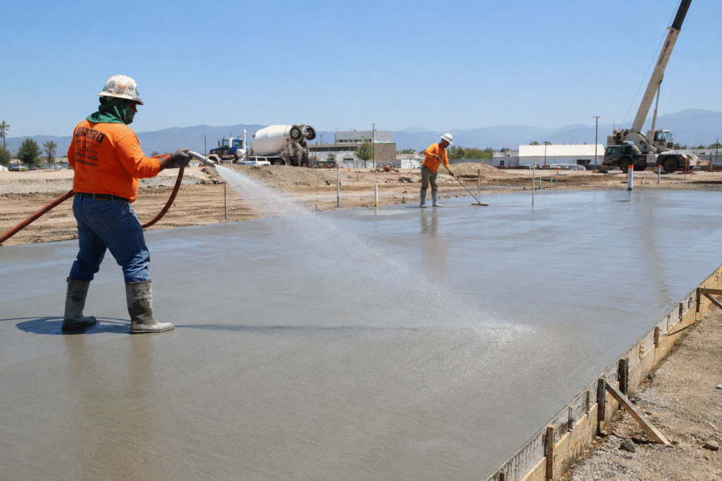 Curing Concrete in Hot Weather Workers misting a large concrete pour on a hot, sunny day