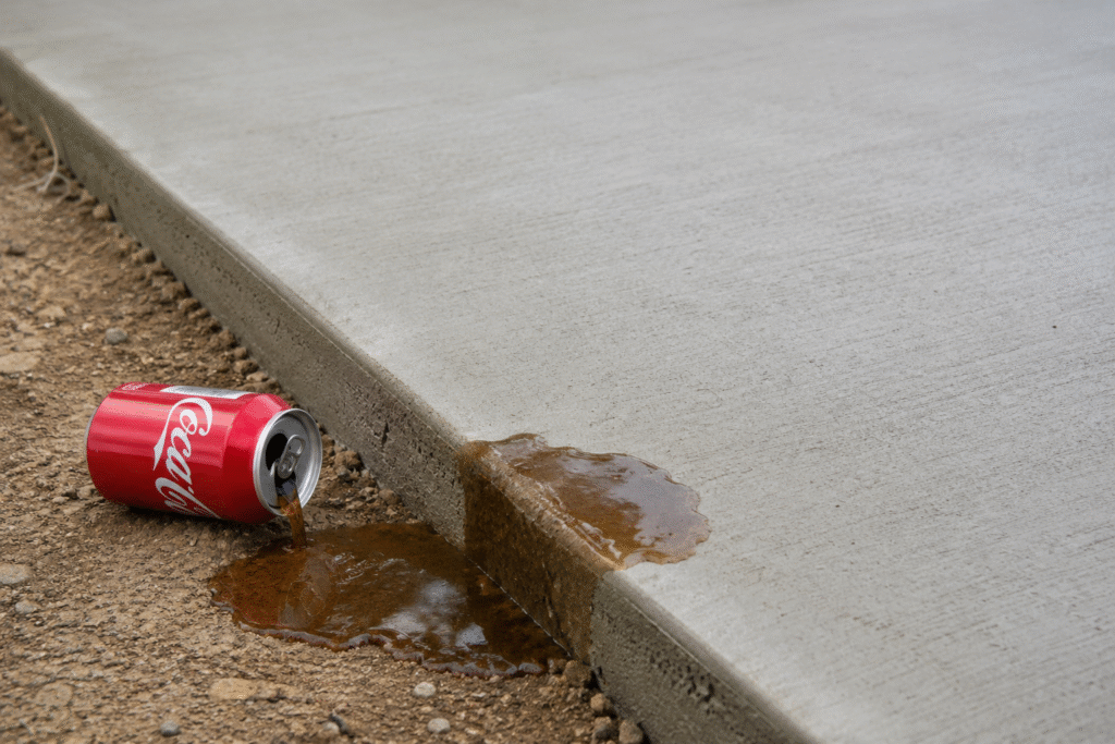 Myths About Concrete and Soda A can of soda spilled next to finished concrete work