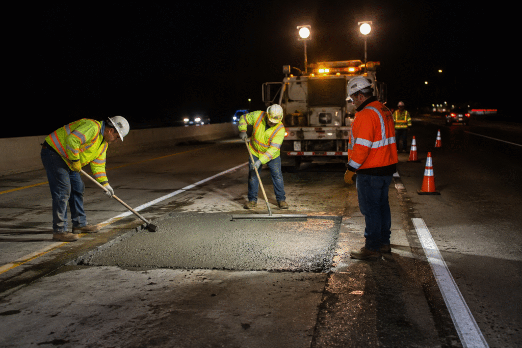 Quickest Curing Concrete for Rapid Repairs Road crew working at night to repair a small section of a highway