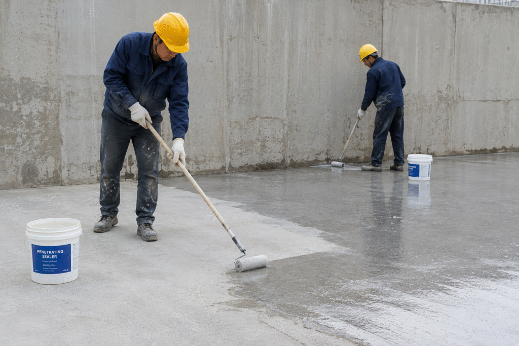 Workers applying penetrating sealer to concrete